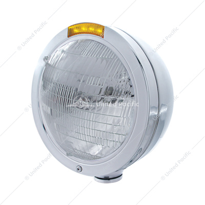 Stainless Steel Bullet Classic Headlight 6014 Bulb & LED Turn Signal - Amber Lens