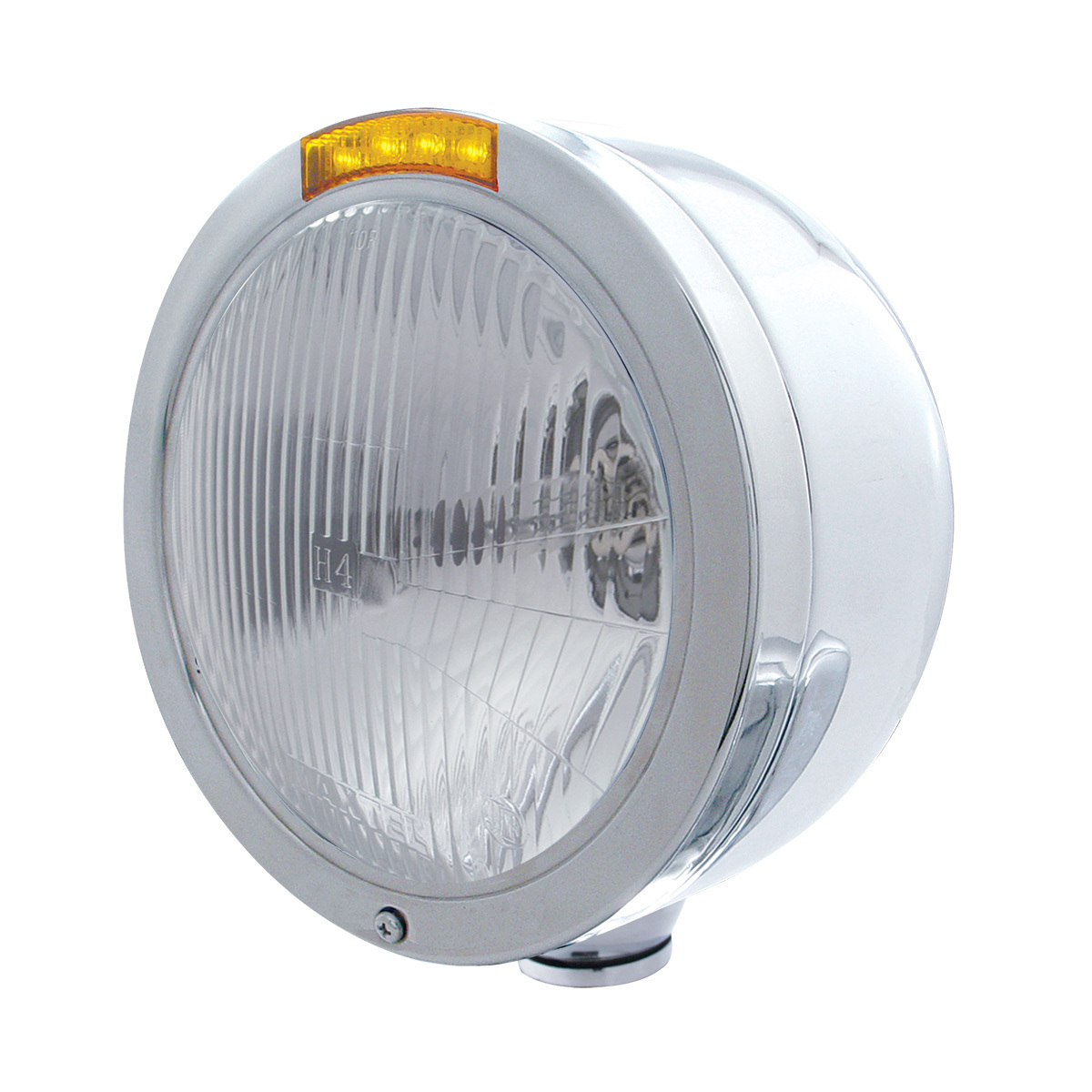 Stainless Steel Bullet Half Moon Headlight H4 Bulb & LED Turn Signal - Amber Lens