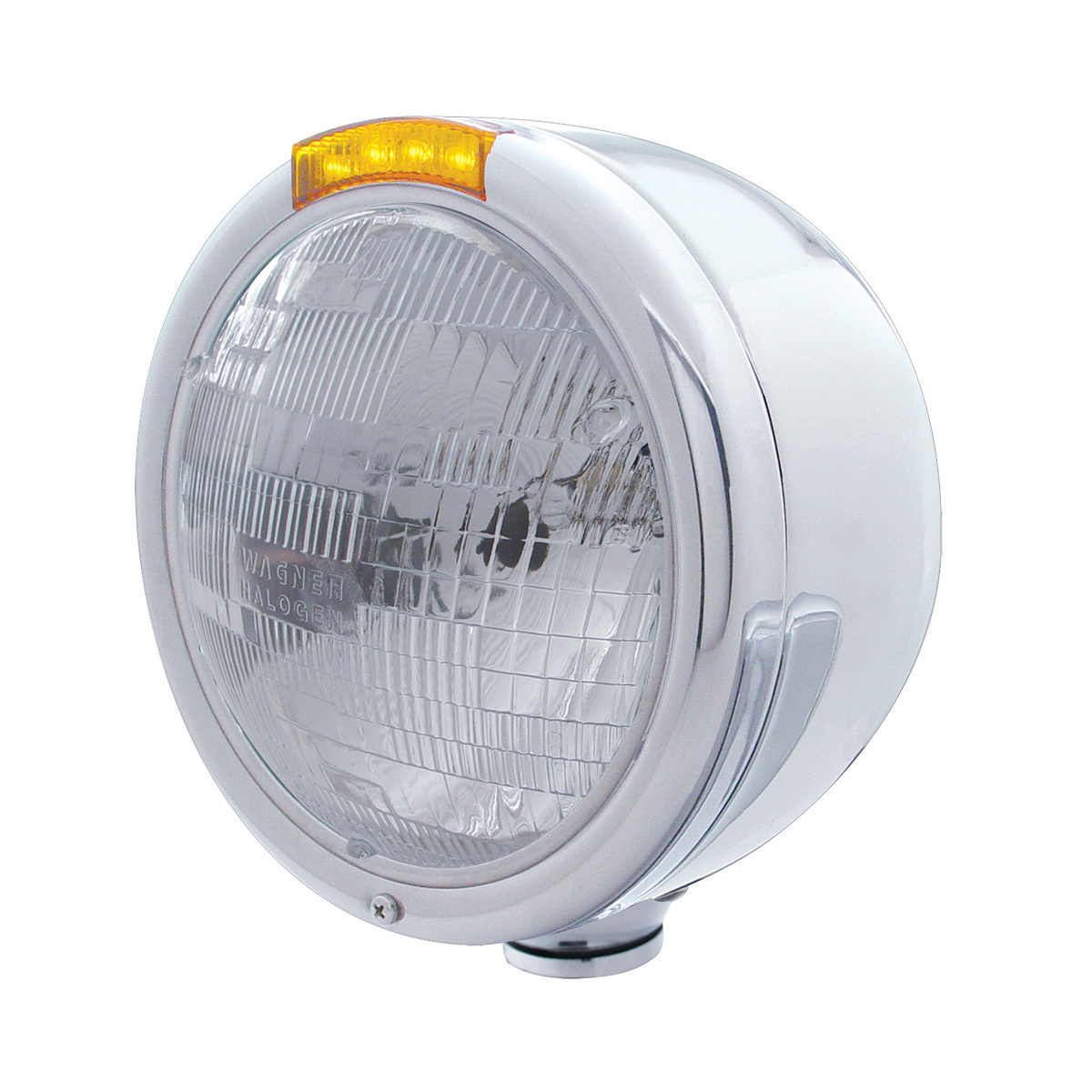 Stainless Steel Classic Half Moon Headlight H6024 Bulb & LED Turn Signal - Amber Lens