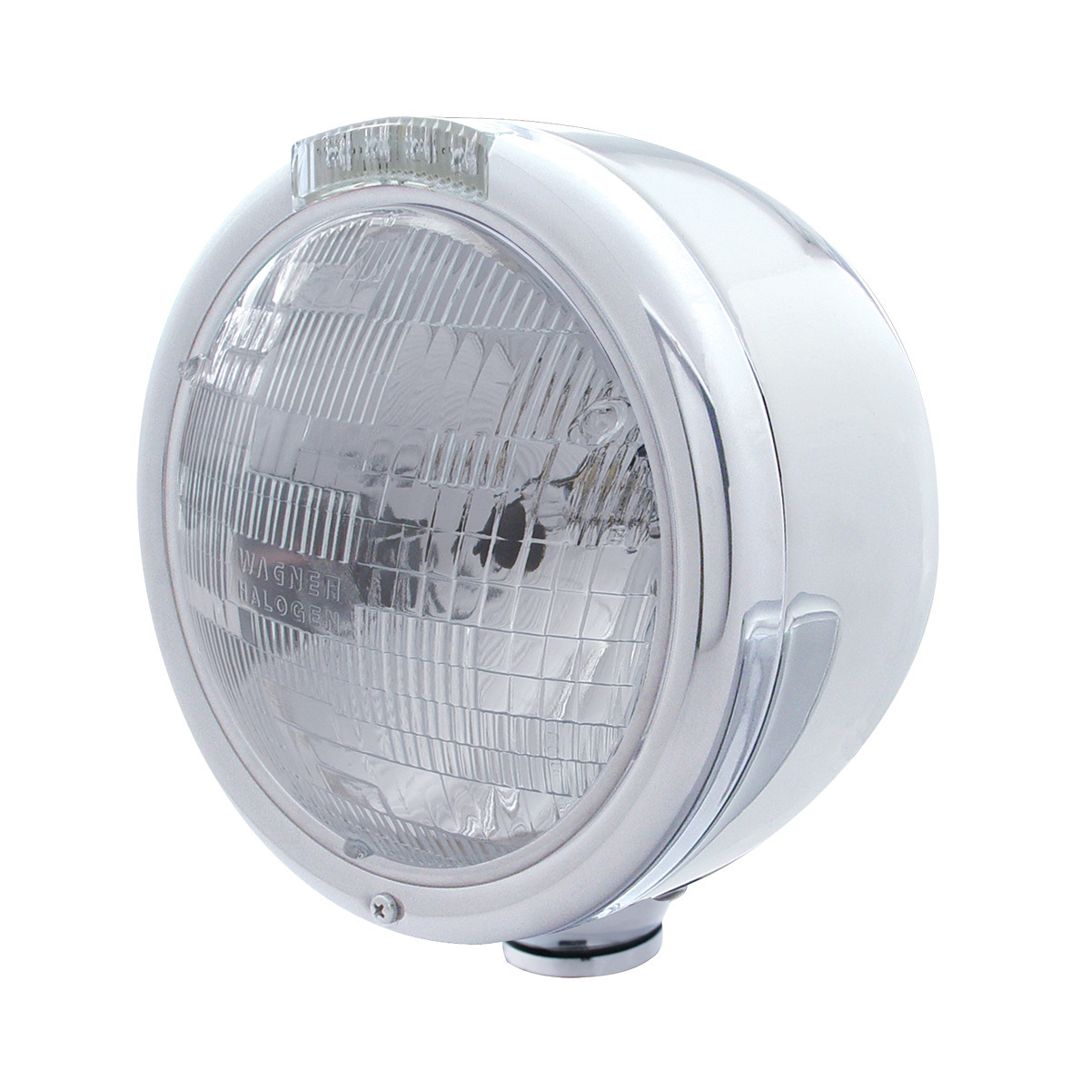 Stainless Steel Classic Half Moon Headlight H6024 Bulb & LED Turn Signal - Clear Lens