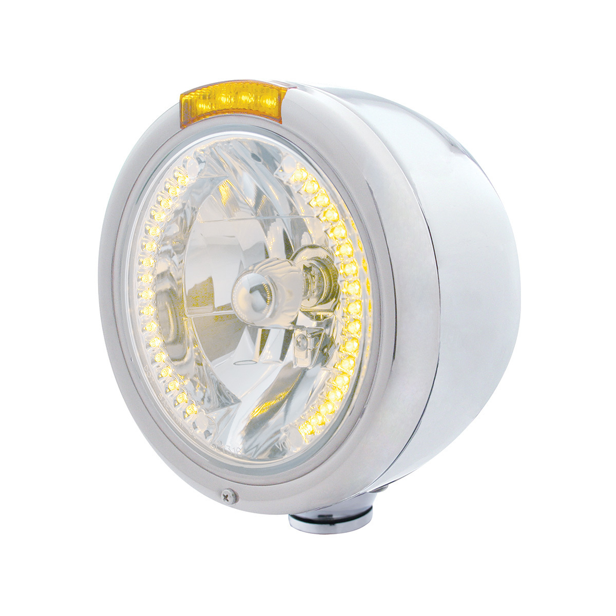 Stainless Steel Classic Half Moon Headlight H4 With Amber LED & Signal - Amber Lens