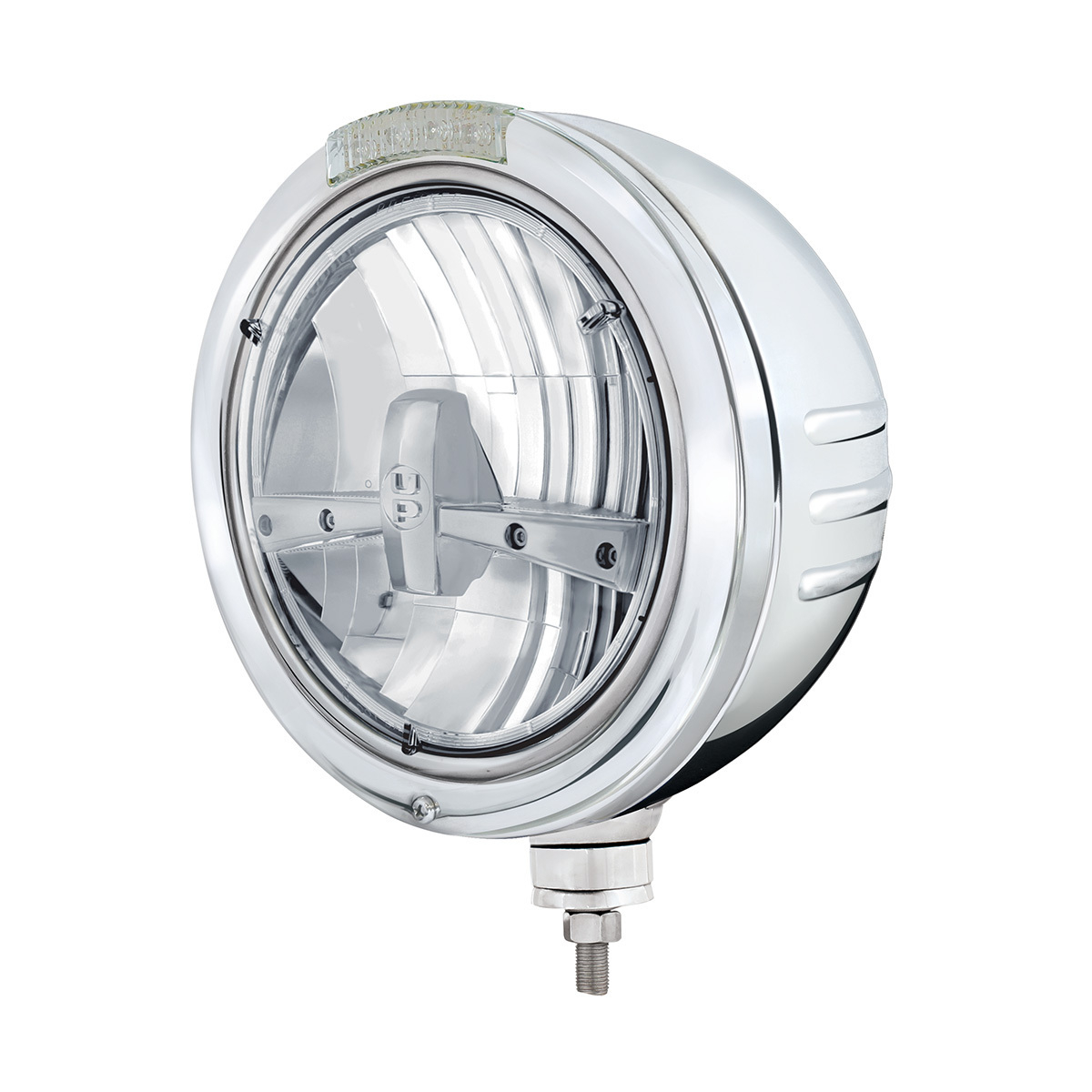 Stainless Steel Bullet Embossed Stripe Headlight 5 LED Bulb & Dual Mode LED Signal - Clear Lens