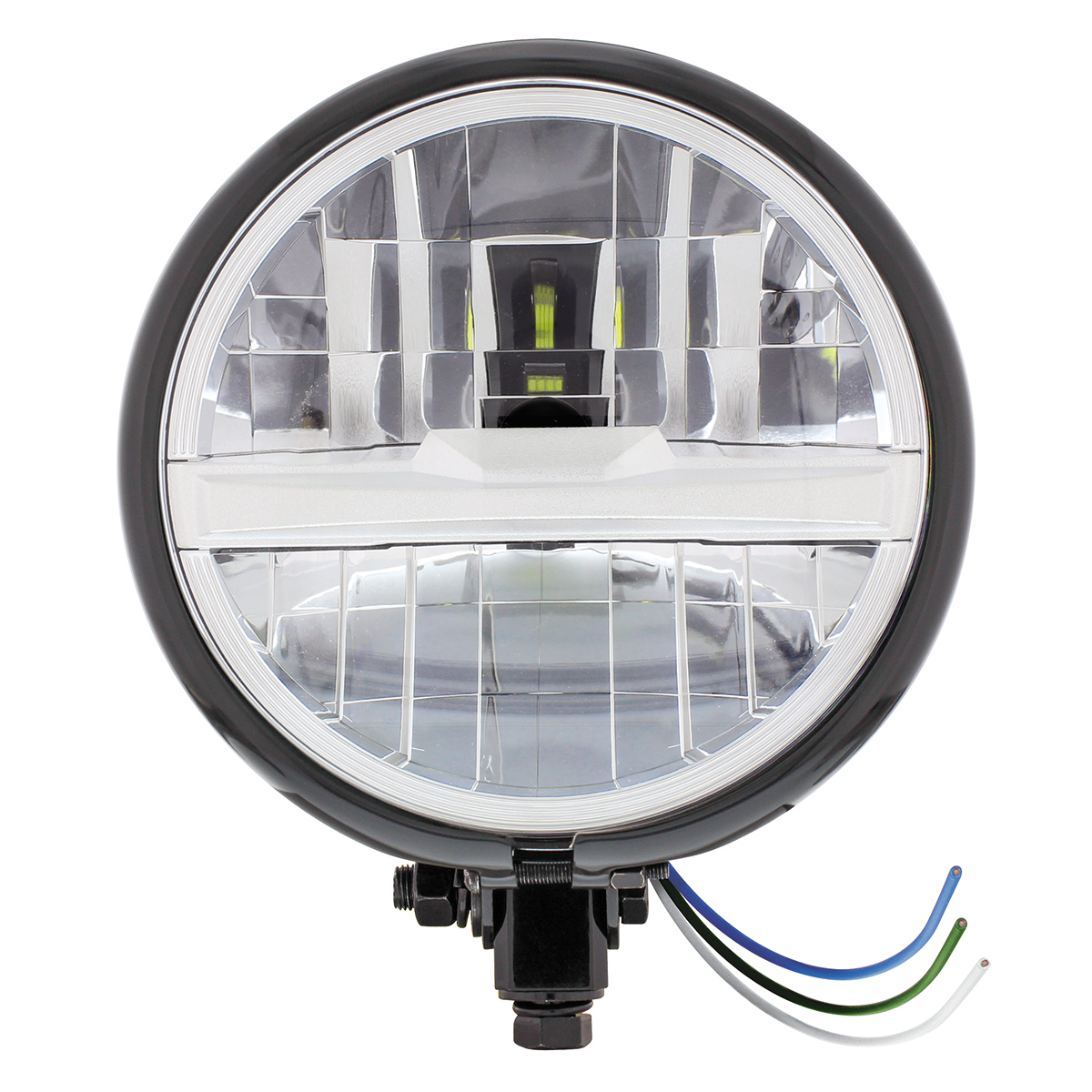 Black 5-3/4" Motorcycle Headlight 8 LED Bulb With Silver Bar - Bottom Mount