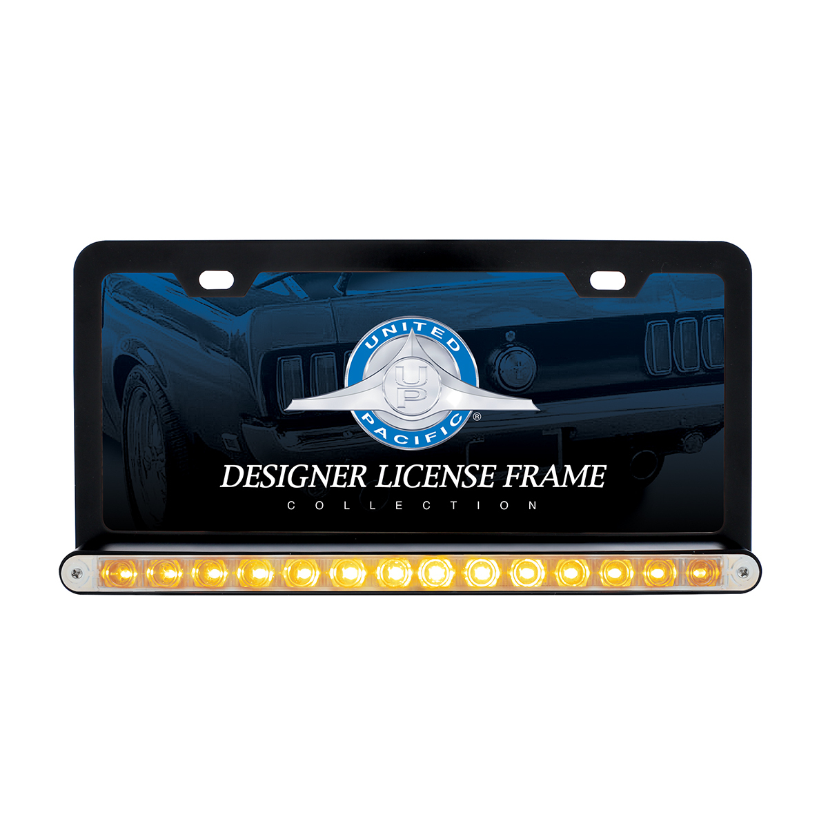 Black License Plate Frame With 14 LED 12" Light Bar - Amber LED/Clear Lens