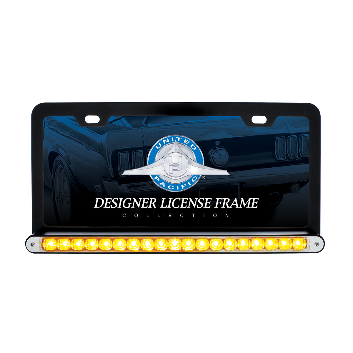 Black License Plate Frame With 19 LED 12" Reflector Light Bar - Amber LED/Clear Lens