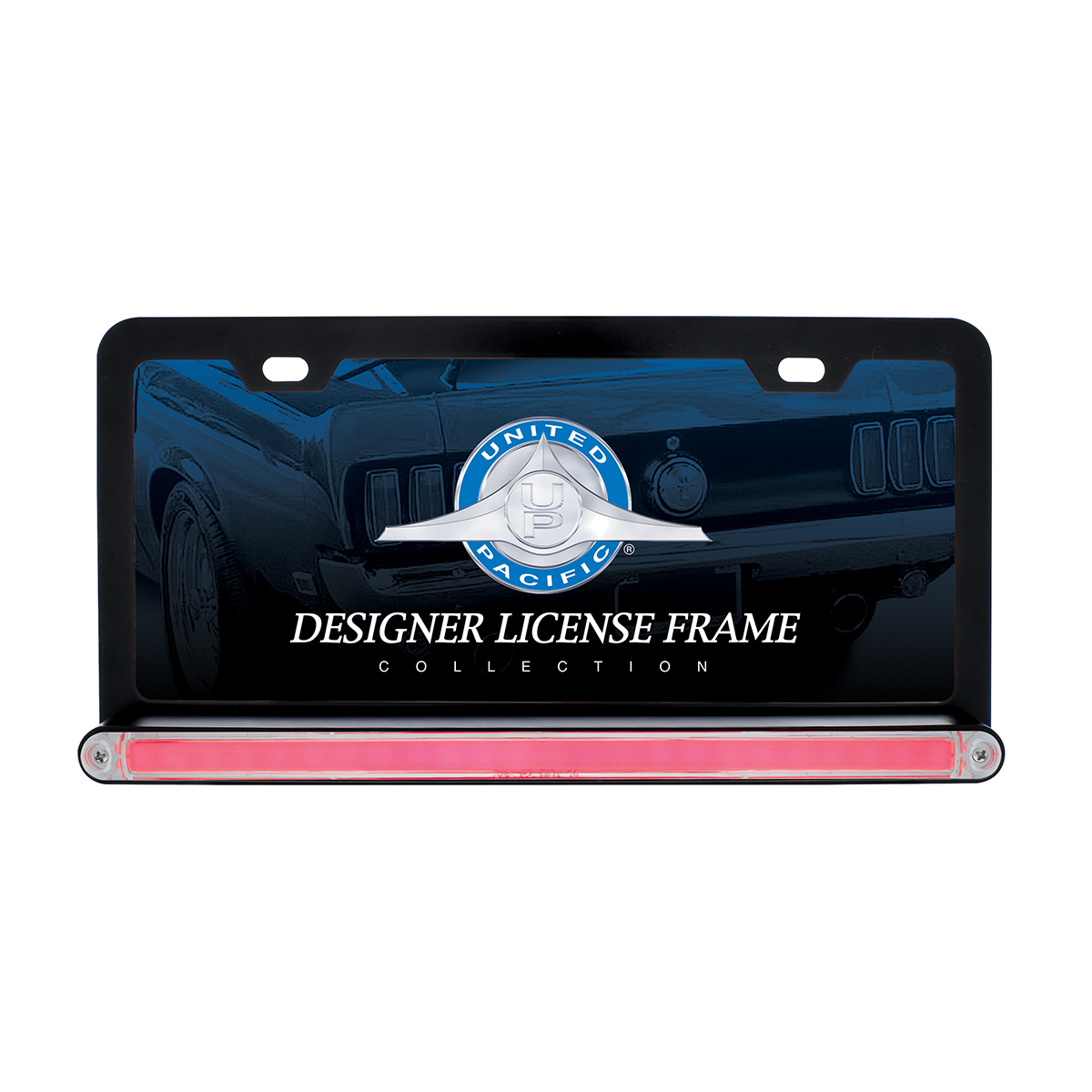Black License Plate Frame With 24 LED 12" GloLight Bar - Red LED/Clear Lens