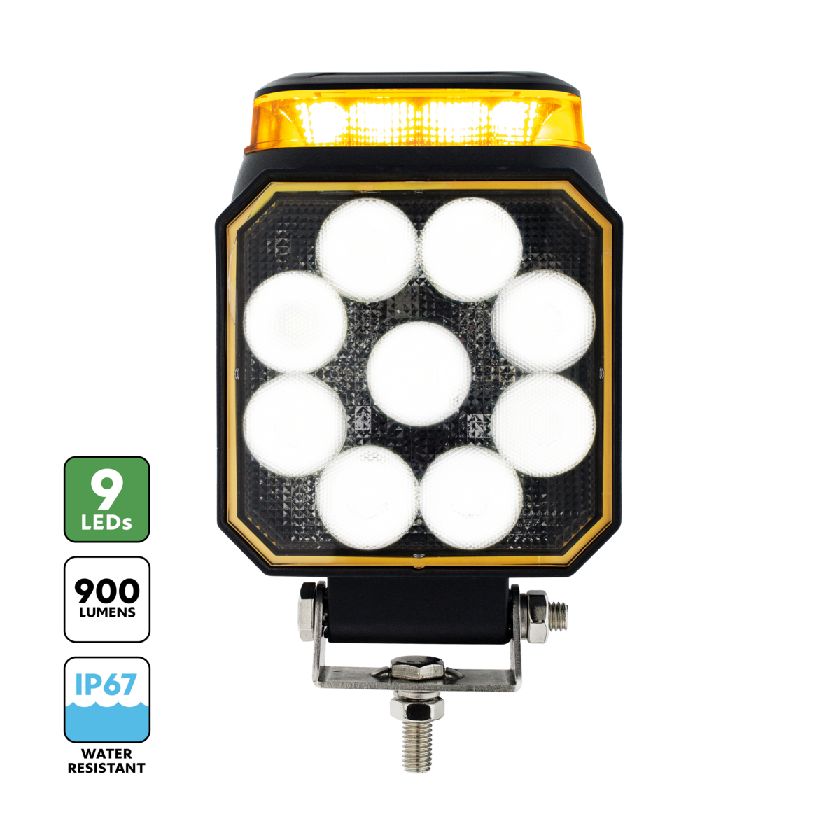 High Power 9 LED Work Light With Amber Strobe Light