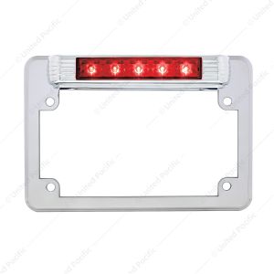 Chrome Motorcycle License Plate Frame With 3rd Brake Light - Red LED/Red Lens