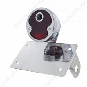 Chrome Horizontal Side Mount LP Bracket For Motorcycle With 1932 "DUO Lamp" Blue Dot Lens Tail Light