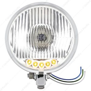 Chrome 5-3/4" Motorcycle Headlight H4 Bulb With 5 Amber LED - Bottom Mount