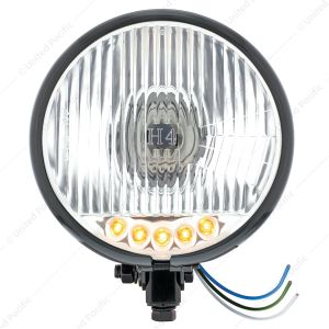 Black 5-3/4" Motorcycle Headlight H4 Bulb With 5 Amber LED