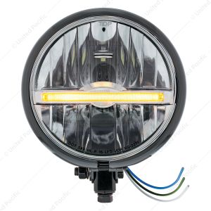 Black 5-3/4" Motorcycle Headlight 9 LED Bulb With Amber LED Light Bar