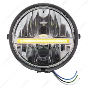 Black 5-3/4" Motorcycle Headlight 9 LED Bulb With Amber LED Light Bar - Side Mount