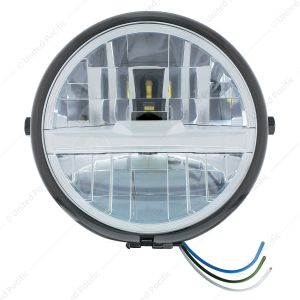 Black 5-3/4" Motorcycle Headlight 8 LED Bulb With Silver Bar - Side Mount