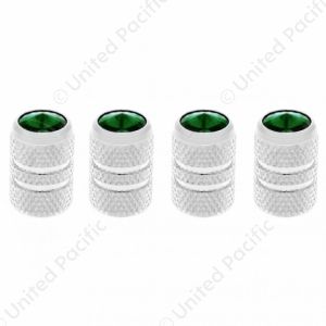 Chrome Tubular Valve Caps With Green Crystal (Set of 4)